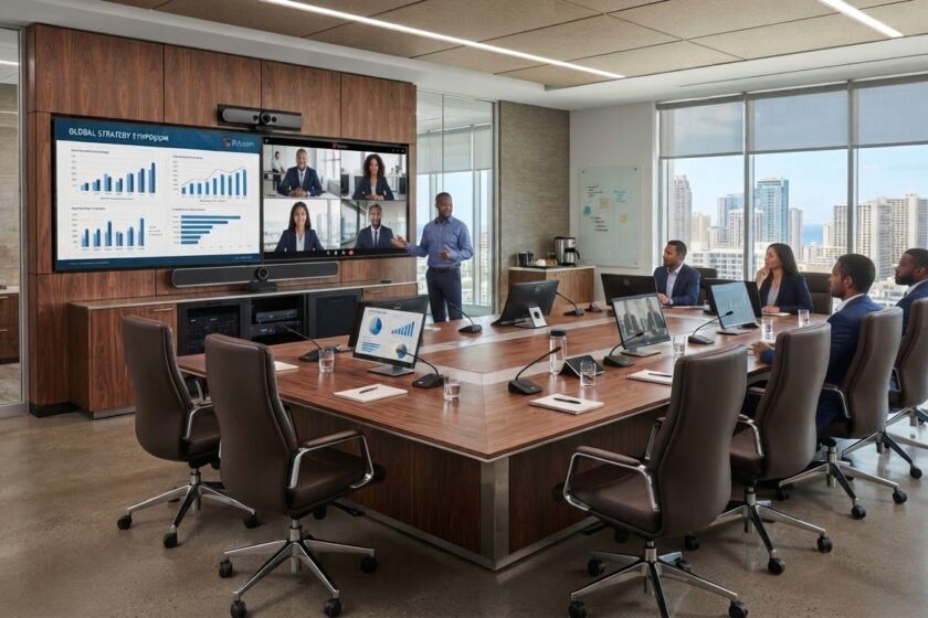 Executive boardroom with video wall and conferencing table