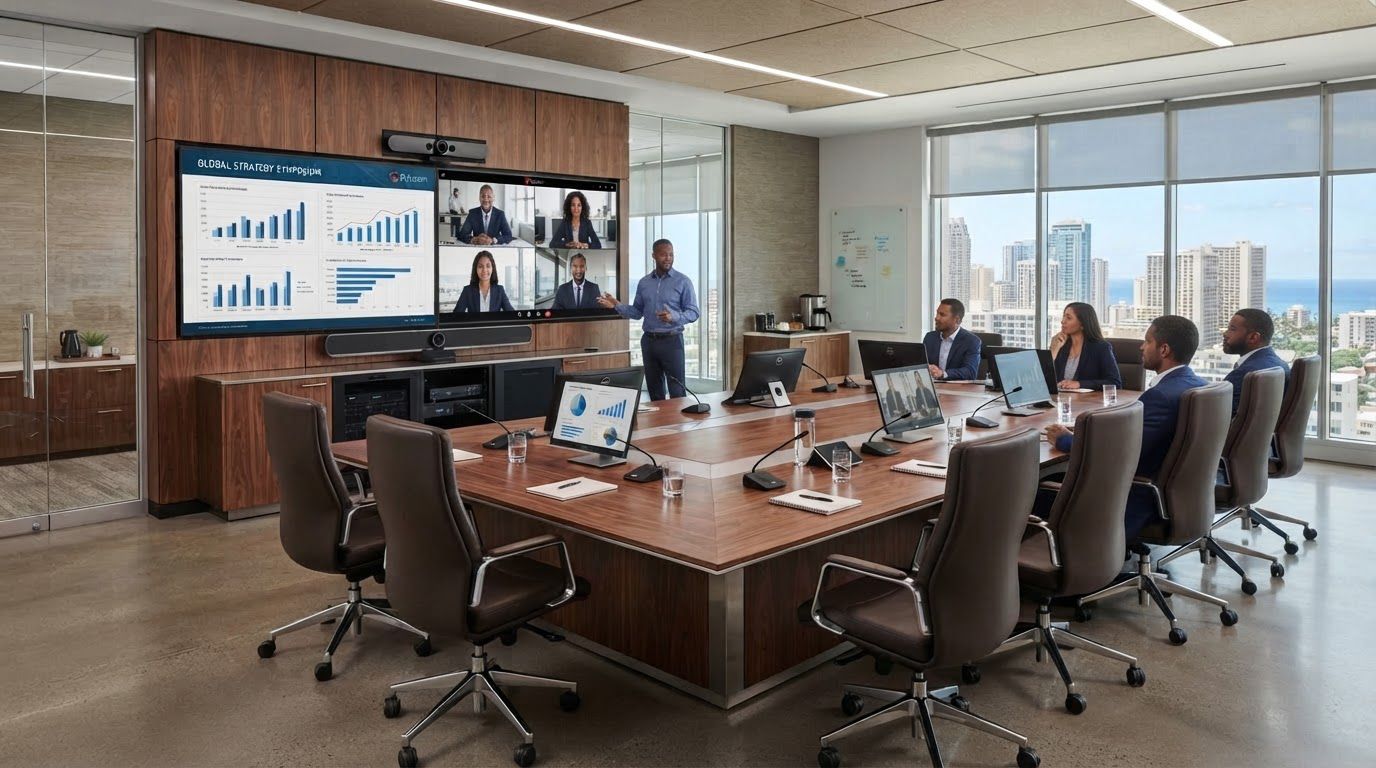 Executive boardroom with video wall and conferencing table