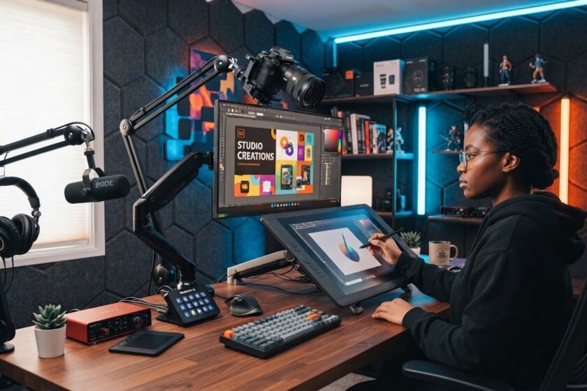 Creator studio with pen display, camera arm and microphone