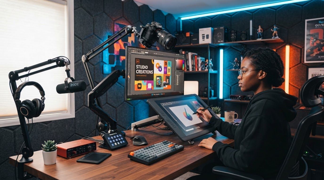 Creator studio with pen display, camera arm and microphone