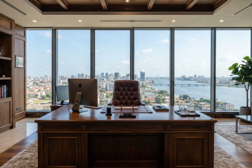 Executive office desk overlooking the Lagos lagoon