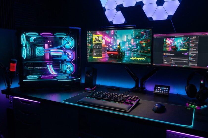 Gaming room with RGB PC, dual monitors and light panels