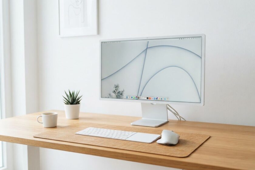 Minimal single-monitor desk with plant and coffee