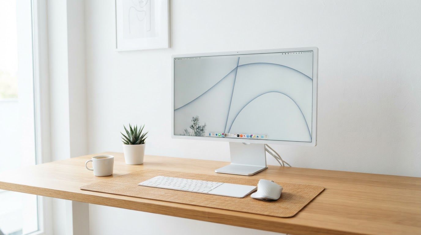 Minimal single-monitor desk with plant and coffee