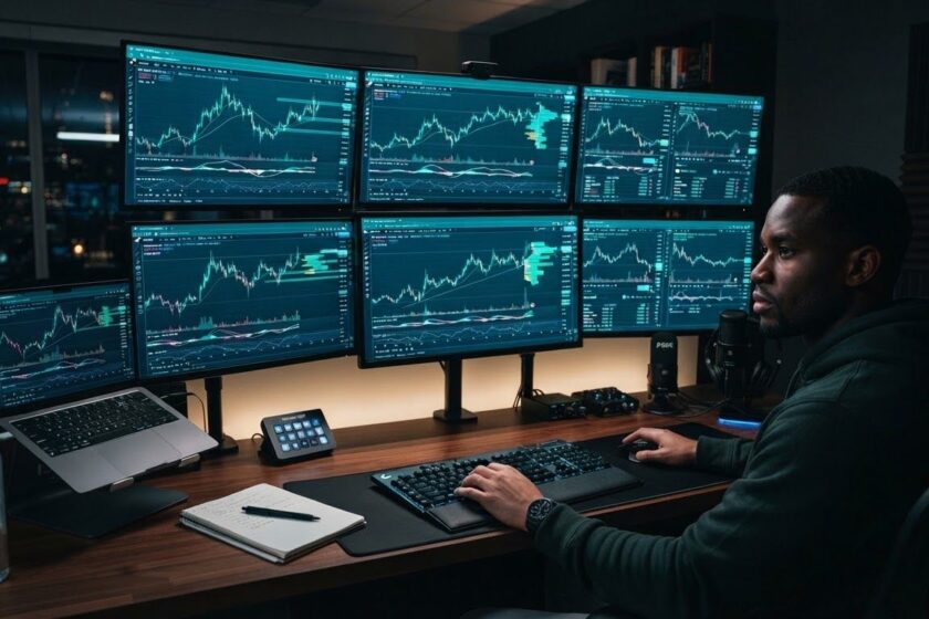 Trader at a six-monitor trading desk at night