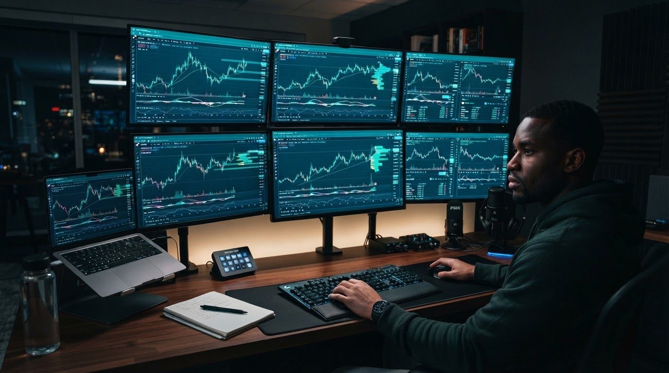 Trader at a six-monitor trading desk at night