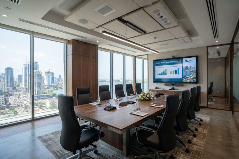 Ikoyi boardroom with conferencing screen and city view