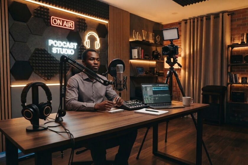 Podcast studio with microphone, camera and acoustic panels