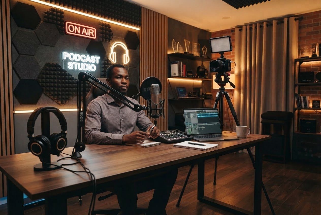 Podcast studio with microphone, camera and acoustic panels