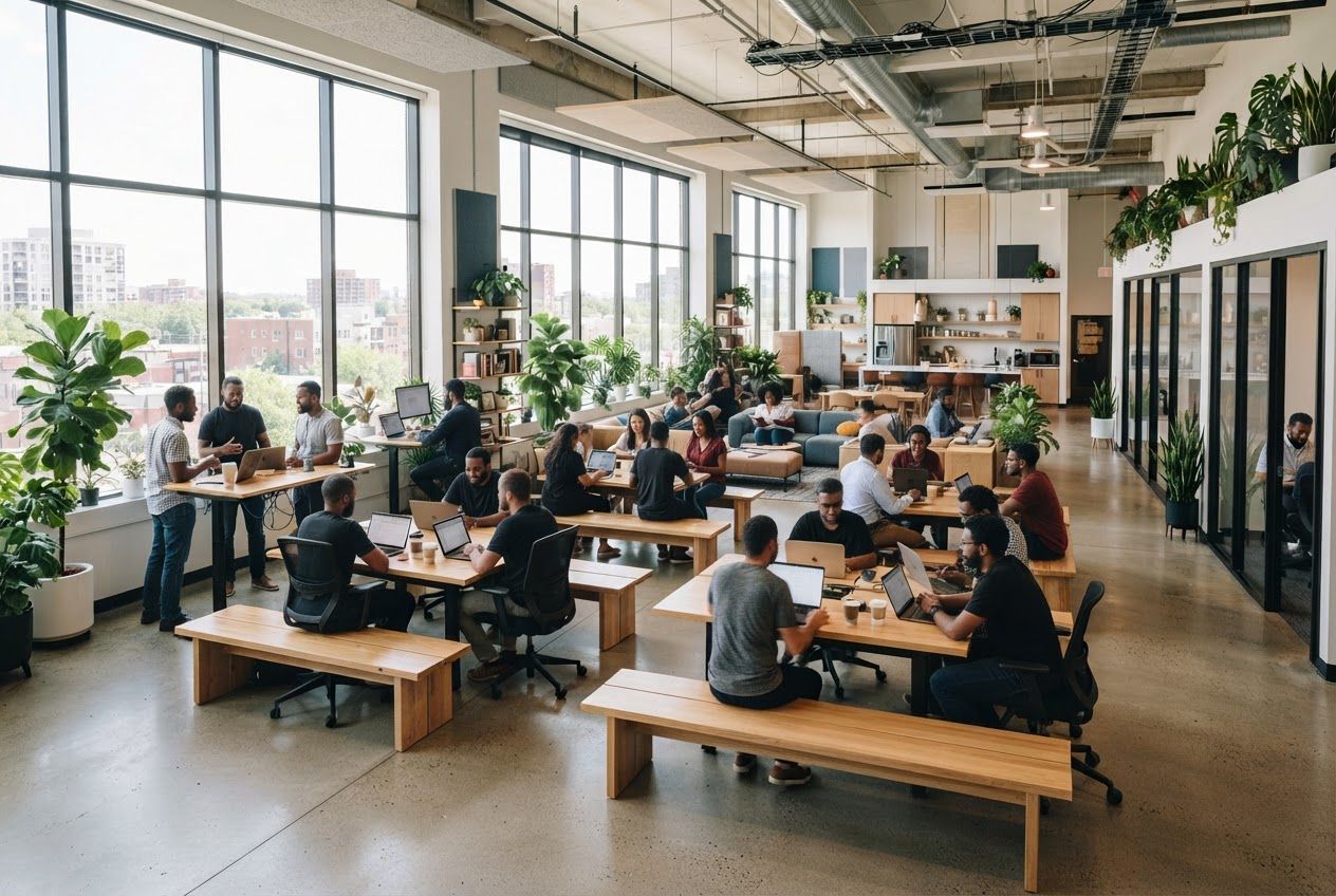 Open-plan co-working office with bench desks