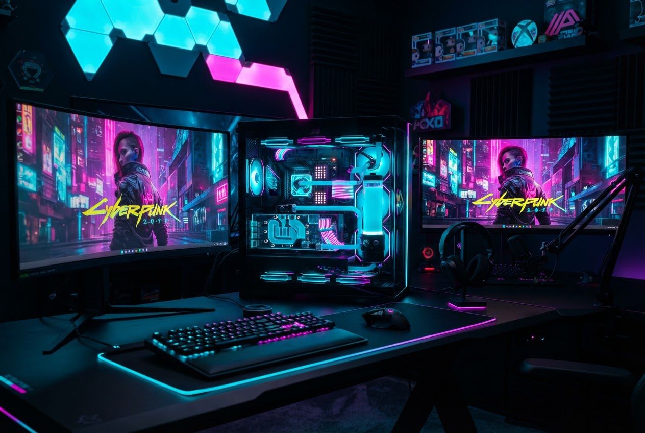 RGB gaming station with liquid-cooled PC