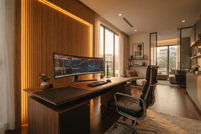Executive home office with ultrawide monitor and timber wall
