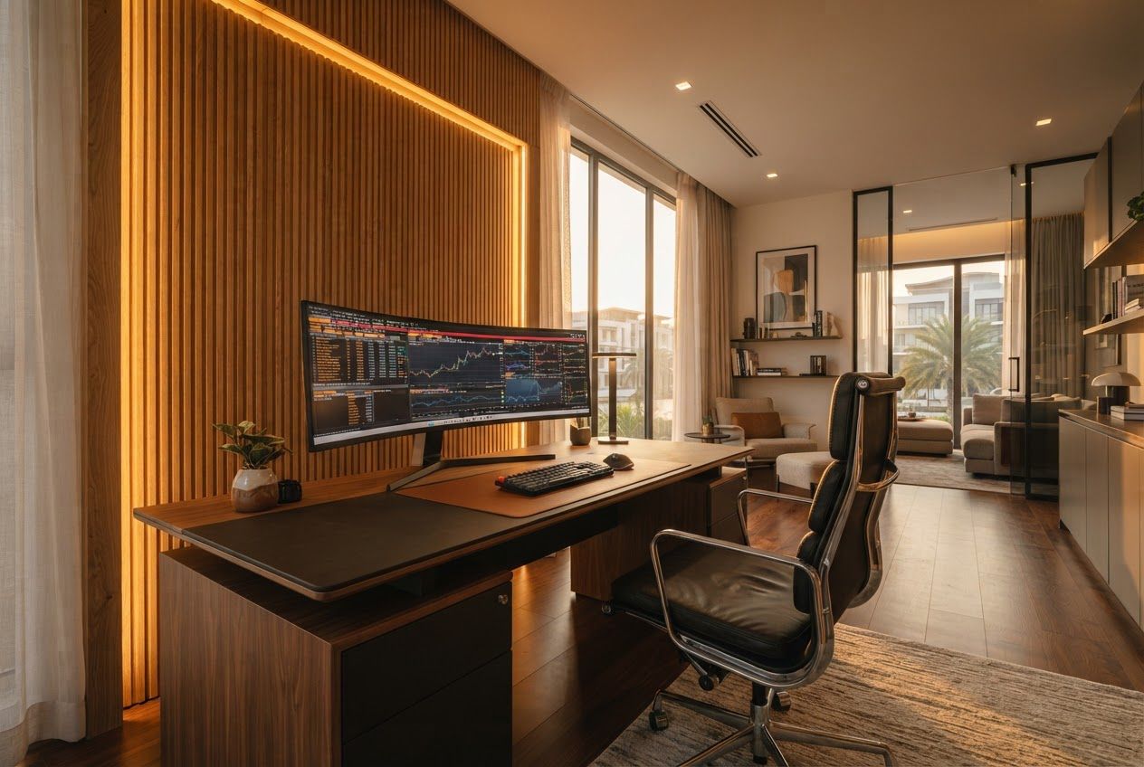 Executive home office with ultrawide monitor and timber wall